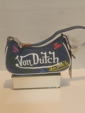 Von Dutch Denim Mini Shoulder Bag with Multicolor Logo Accents